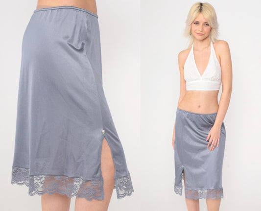 80s Grey Nylon Slip Skirt Lace Trim Rosette Side Slit Medium