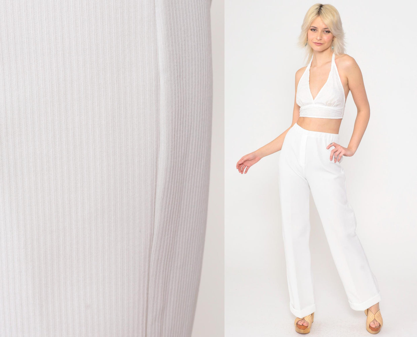 70s White Ribbed Polyester High-Rise Straight Leg Pants Elastic Waist XS