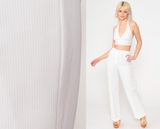 70s White Ribbed Polyester High-Rise Straight Leg Pants Elastic Waist XS