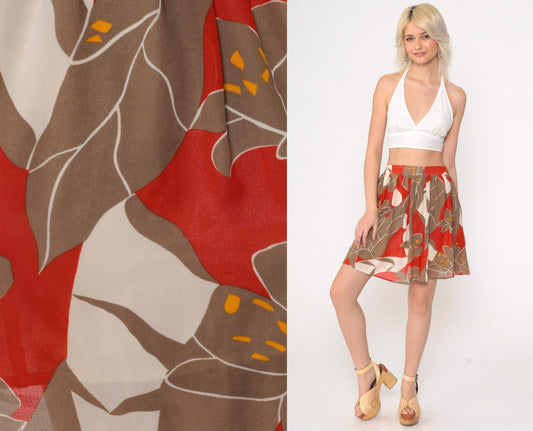70s Floral Mini Skirt High Waist Red Brown Campus Casuals Small
