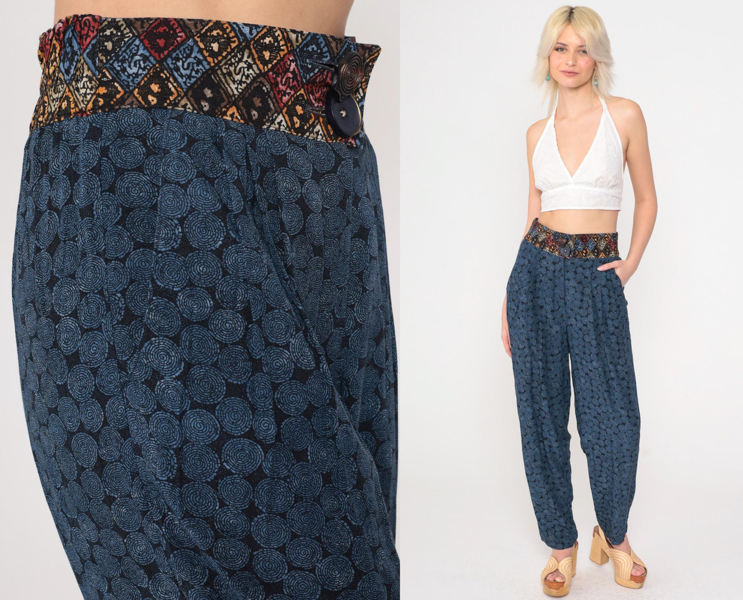 90s Geometric Print High-Waisted Tapered Trousers Blue Small 6