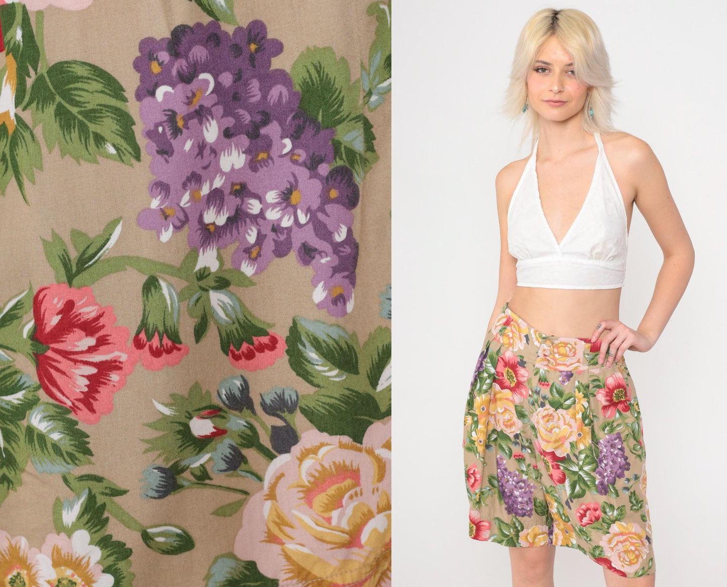 90s Lizwear Floral Pleated Shorts High Waist Rayon Tan Large 14