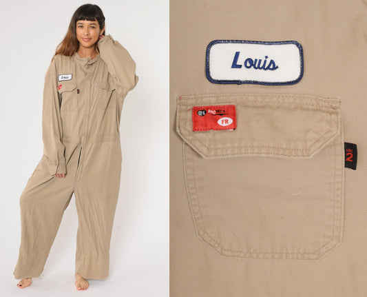 Y2K Tan Flame Resistant Coveralls Louis Patch Flight Suit Men's 48 Regular