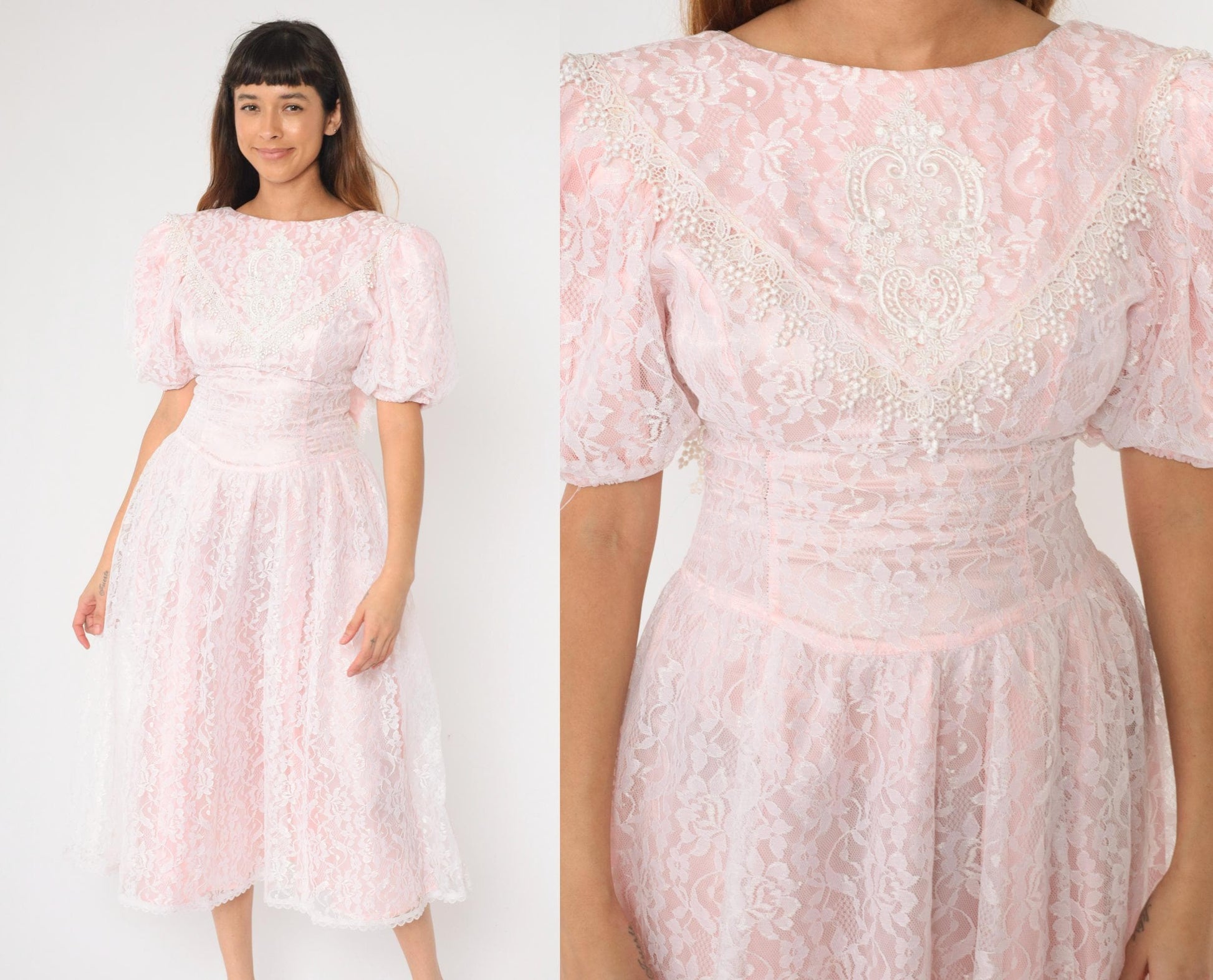 80s Gunne Sax Pink Lace Puff Sleeve Midi Dress White Overlay Small