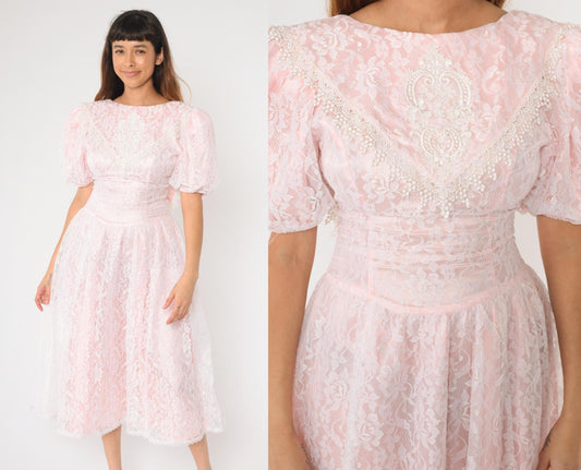 80s Gunne Sax Pink Lace Puff Sleeve Midi Dress White Overlay Small