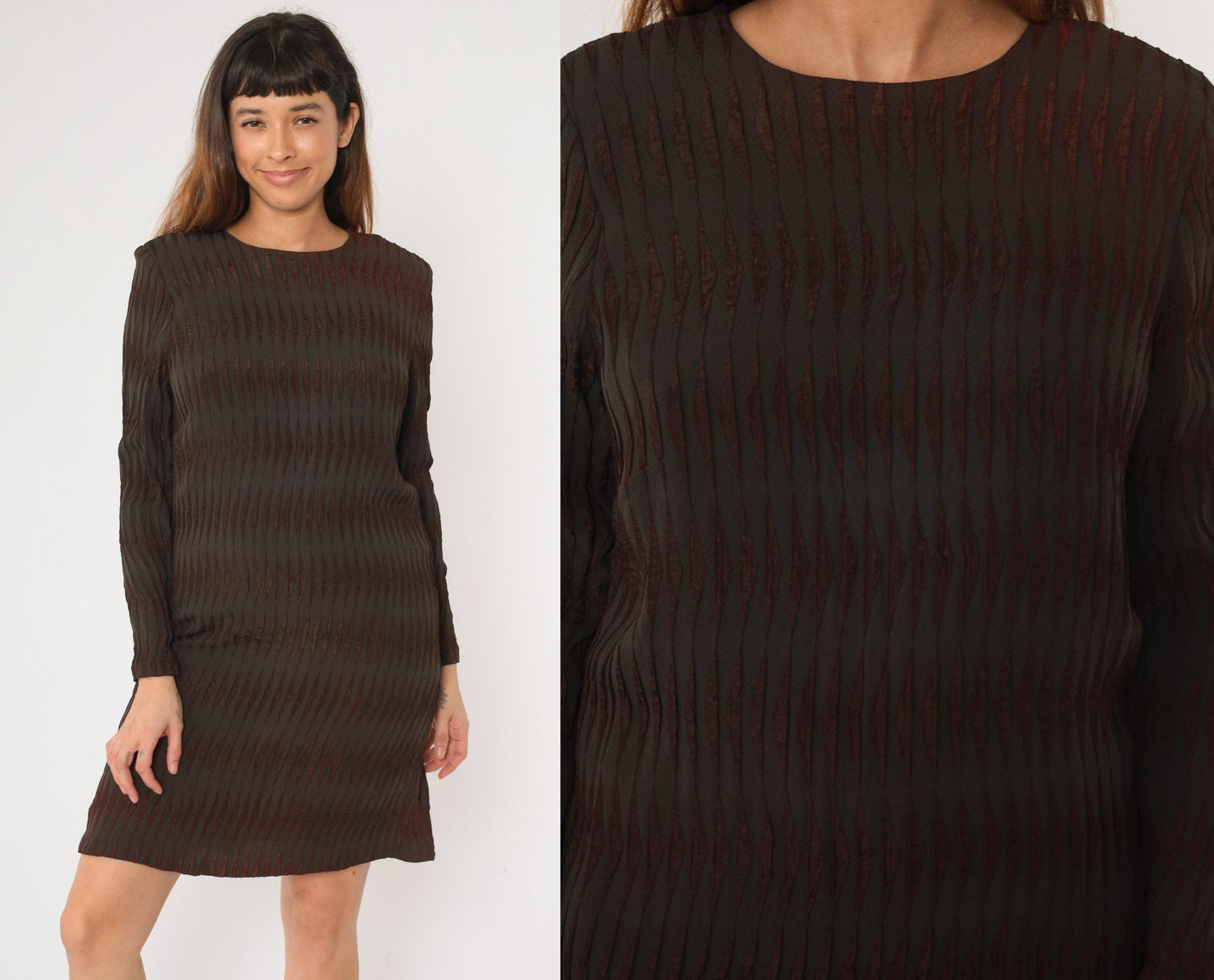 60s Milla Mod Mini Dress Dark Brown Striped Shift Long Sleeve Medium