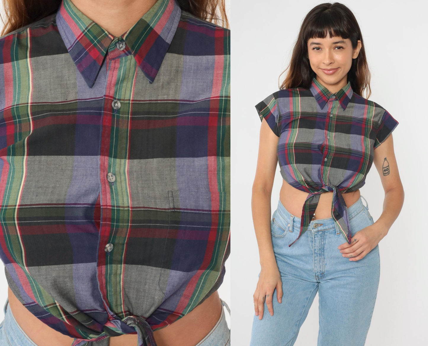 90s Checkered Crop Top Button Up Blouse Tie Waist Cap Sleeve Grey Small XS