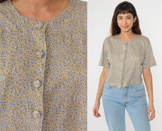 90s Talbots Petites Calico Floral Button-Up Blouse Periwinkle Cotton Small