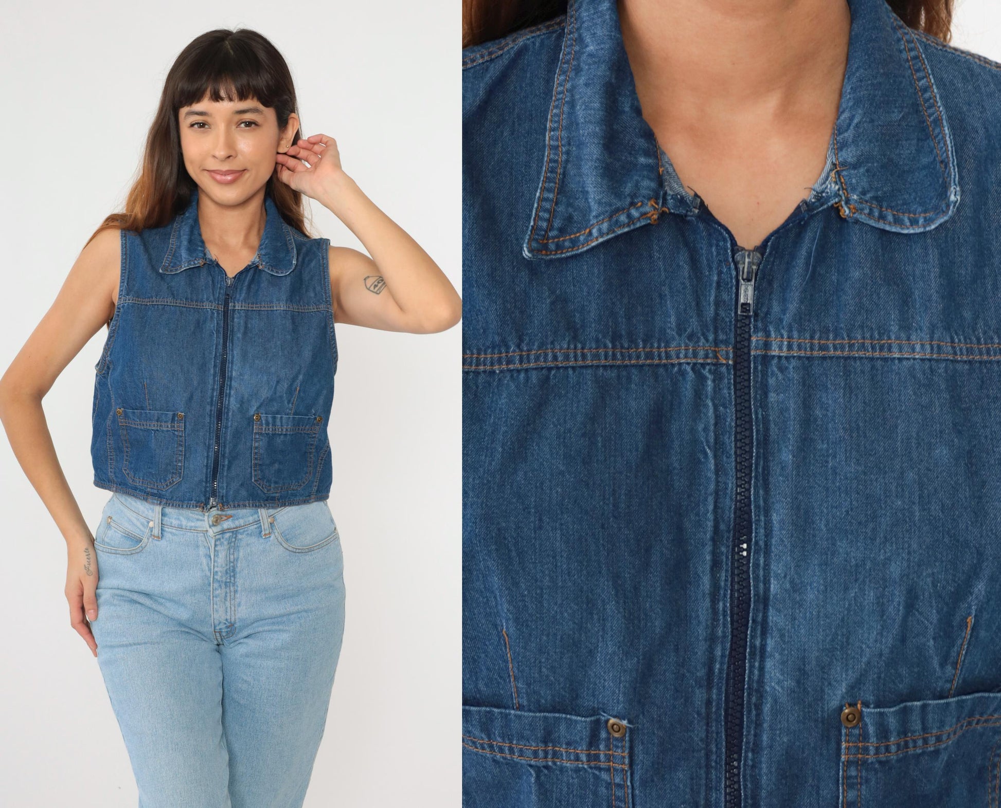 90s Blue Denim Zip Vest Cropped Sleeveless Jean Top Large