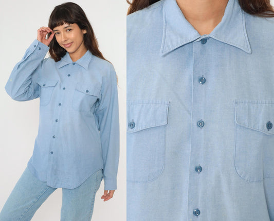 80s Blue Oxford Button-Up Shirt Paint Splatter Long Sleeve Large L