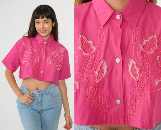 90s Pink Floral Embroidered Cutout Crop Blouse Button Up Medium Large