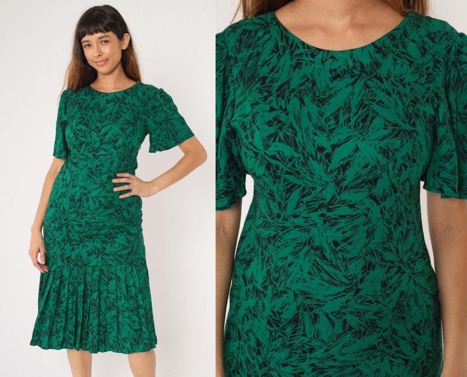 80s Green Abstract Leaf Print Midi Dress Puff Sleeve Drop Waist Small