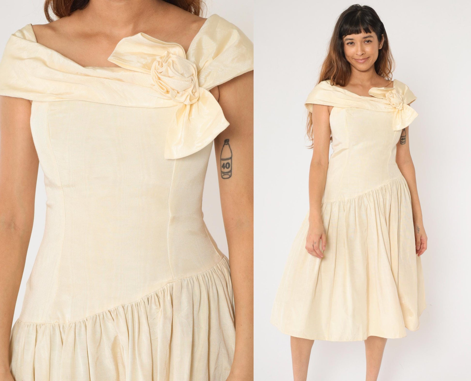 1980s Gunne Sax Cream Taffeta Midi Dress Rosette Bertha Collar Small 4