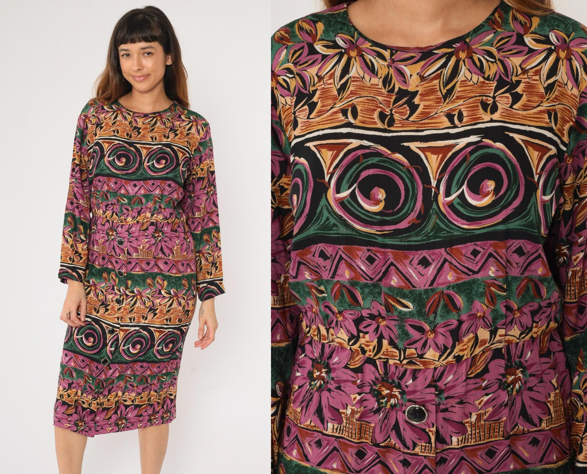 90s Geometric Floral Midi Dress Purple Green High Waist Long Sleeve Medium