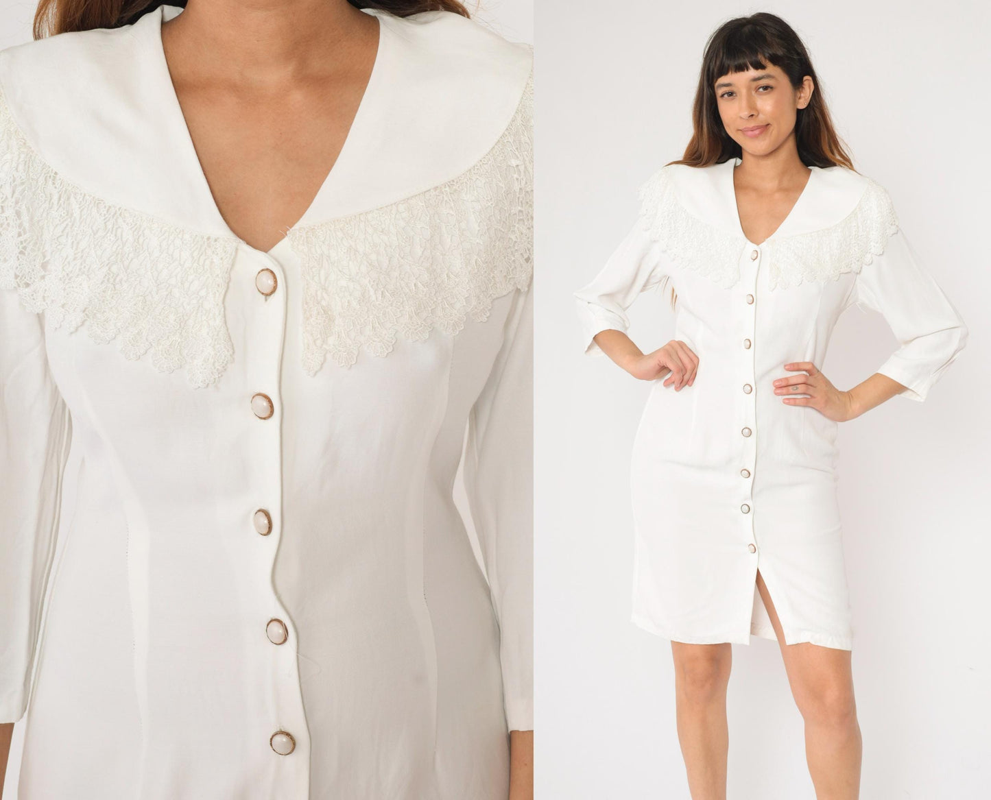90s White Mini Dress Lace Collar Button-Up Sheath 3/4 Sleeve Medium