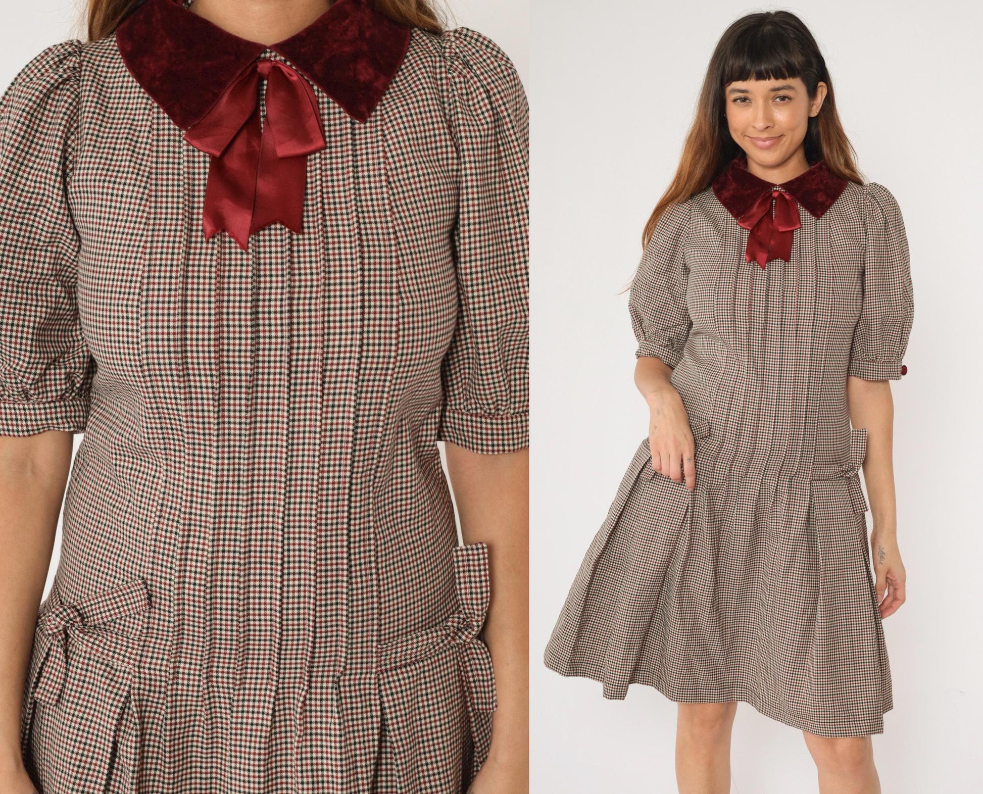 80s Bellville Sassoon Houndstooth Wool Dress Red Black Velvet Collar Knee Length Extra Small