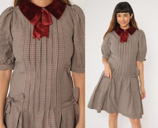 80s Bellville Sassoon Houndstooth Wool Dress Red Black Velvet Collar Knee Length Extra Small