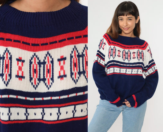 70s Nordic Yoke Sweater Navy Red White Geometric Knit Pullover Medium