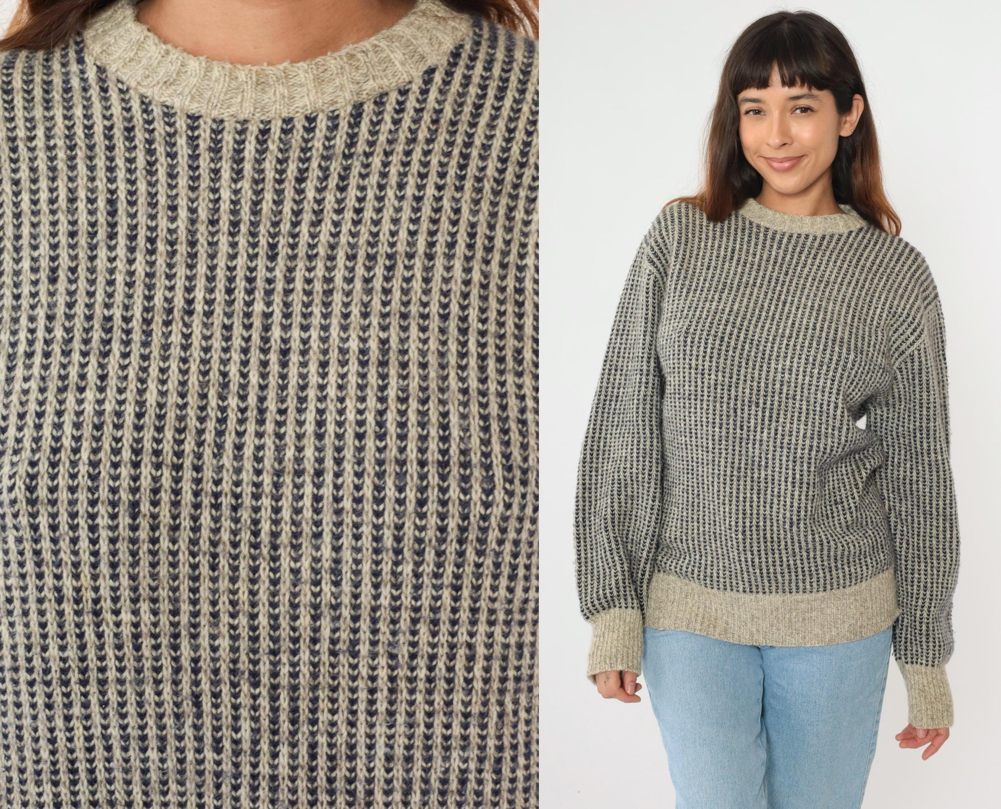 80s Wool Blend Striped Sweater Beige Navy Crew Neck Ribbed Knit Large L