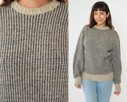 80s Wool Blend Striped Sweater Beige Navy Crew Neck Ribbed Knit Large L