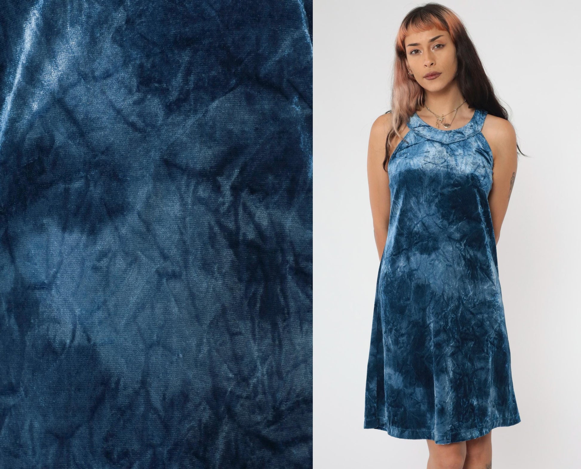 90s Blue Tie Dye Velvet Mini Dress Sleeveless Racerback Medium M