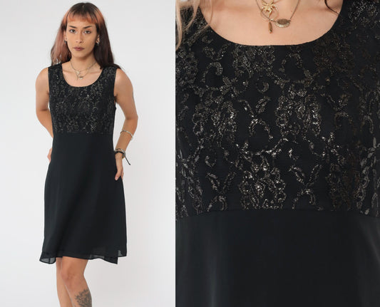 90s Black Lace Mini Dress Metallic Bodice Scoop Neck High Waist Flare Small 6