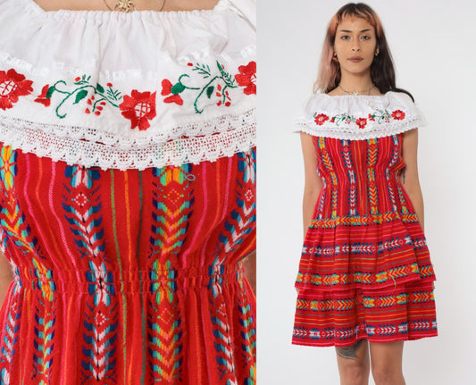 90s Red Mexican Embroidered Mini Dress Off-Shoulder Elastic Waist Small