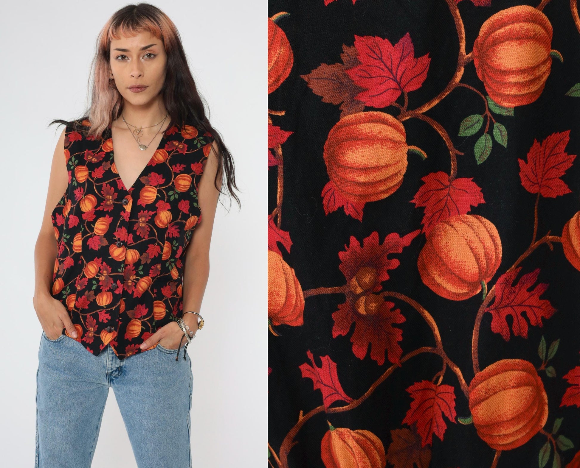 90s Talbots Pumpkin Acorn Leaf Vest Orange Black V-Neck Button-Up Medium