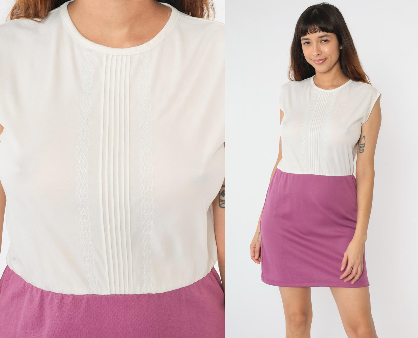 80s Purple White Colour Block Sleeveless Mini Dress Pintucked Small