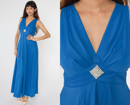 70s Blue Maxi Dress Rhinestone Empire Waist V Neck Sleeveless Small
