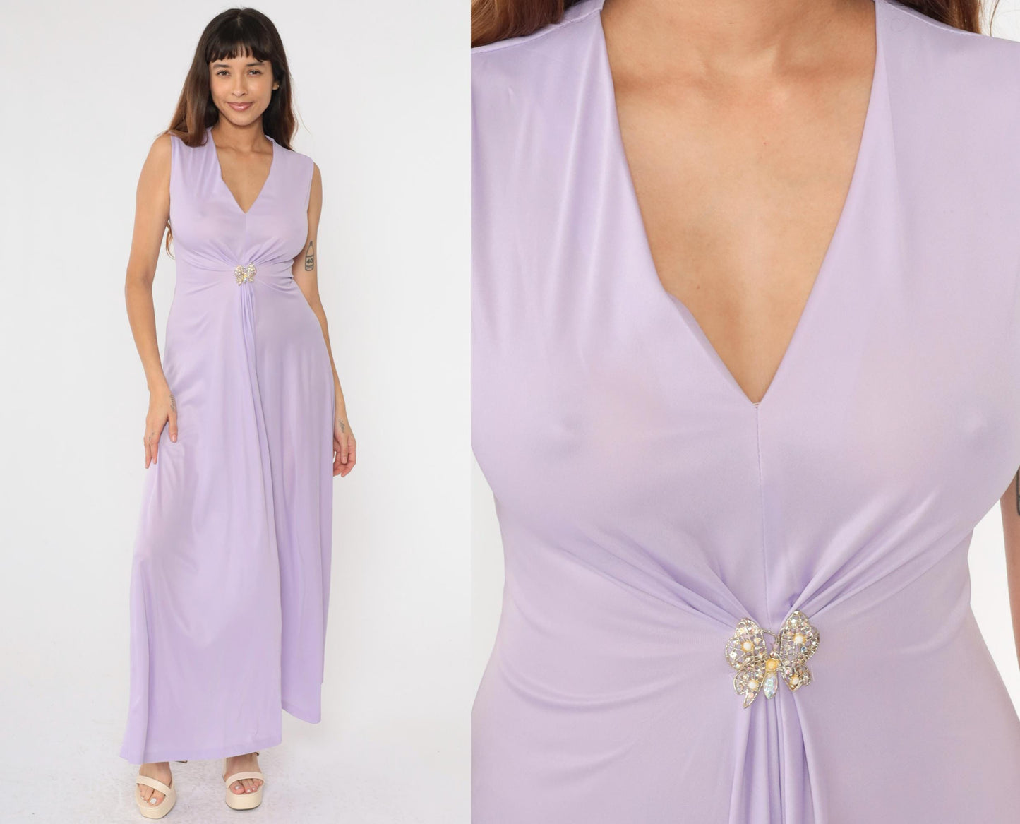 70s Lavender Maxi Dress Rhinestone Butterfly Deep V Sleeveless Small