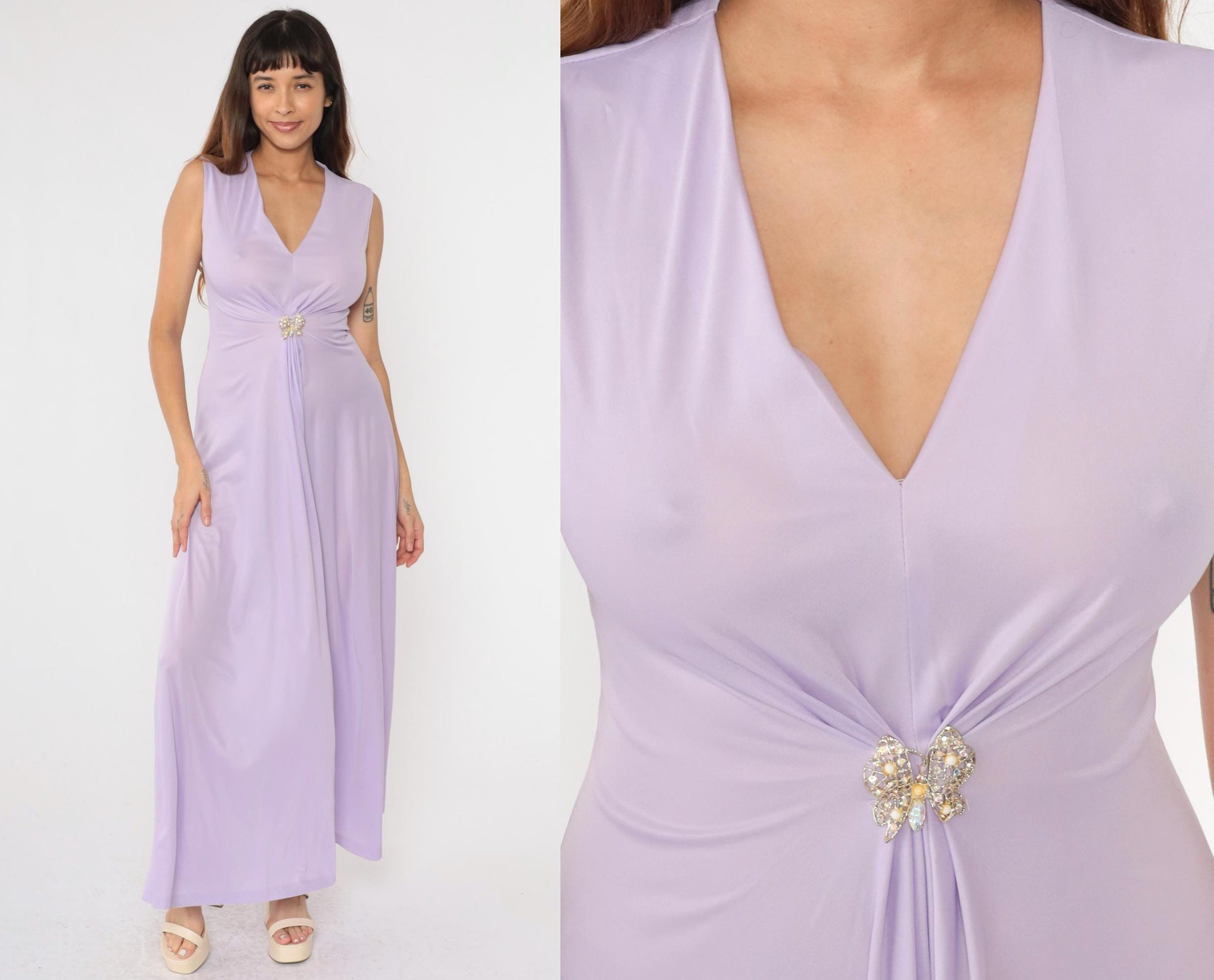 70s Lavender Maxi Dress Rhinestone Butterfly Deep V Sleeveless Small