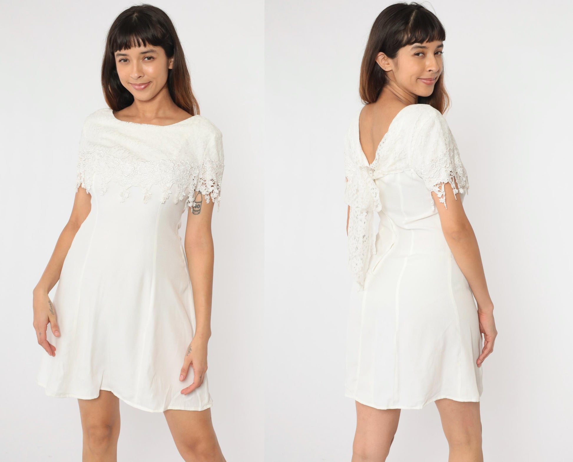 90s White Lace Mini Dress Floral Short Sleeve Bow Back Train Small