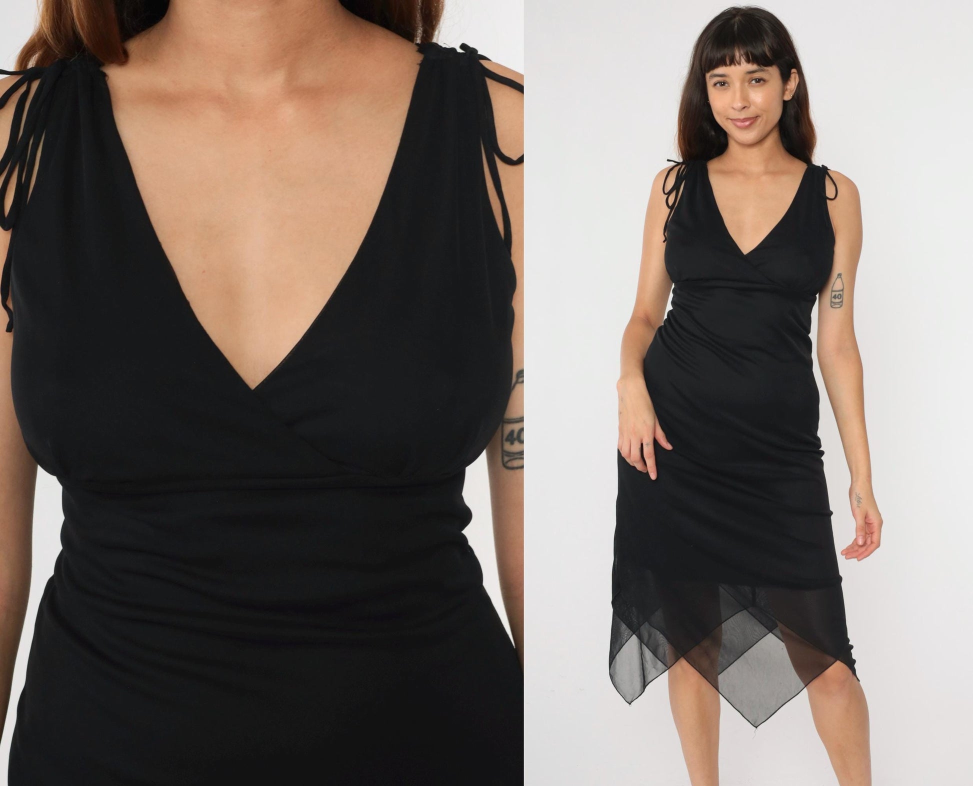 90s Black Chiffon Cocktail Dress V-Neck Hanky Hem Sleeveless Midi Medium