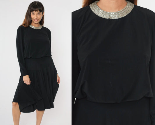80s Ricki Lang Black Beaded Collar Midi Dress Drop Waist Long Sleeve Medium