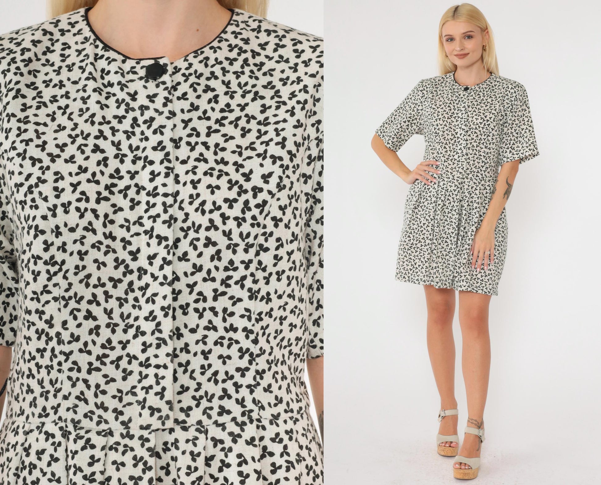 80s Lanz Originals Floral Mini Dress White Black Button-Up High Waisted Medium