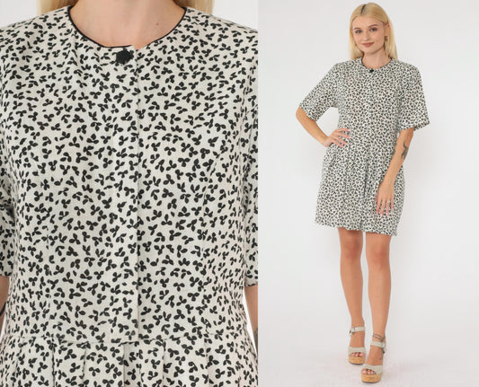 80s Lanz Originals Floral Mini Dress White Black Button-Up High Waisted Medium