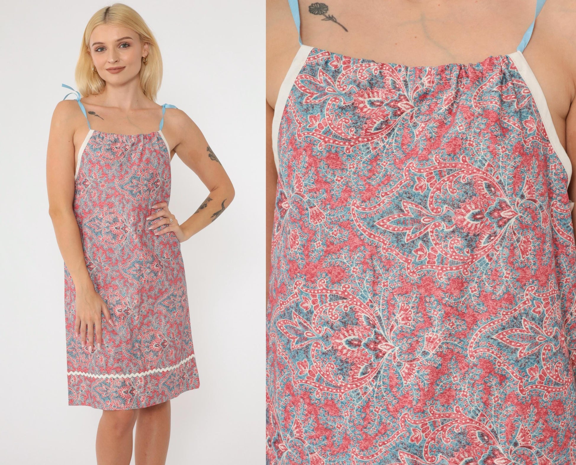 70s Paisley Geometric Shift Dress Red Blue Spaghetti Strap Small
