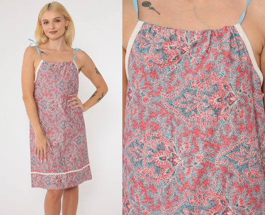 70s Paisley Geometric Shift Dress Red Blue Spaghetti Strap Small