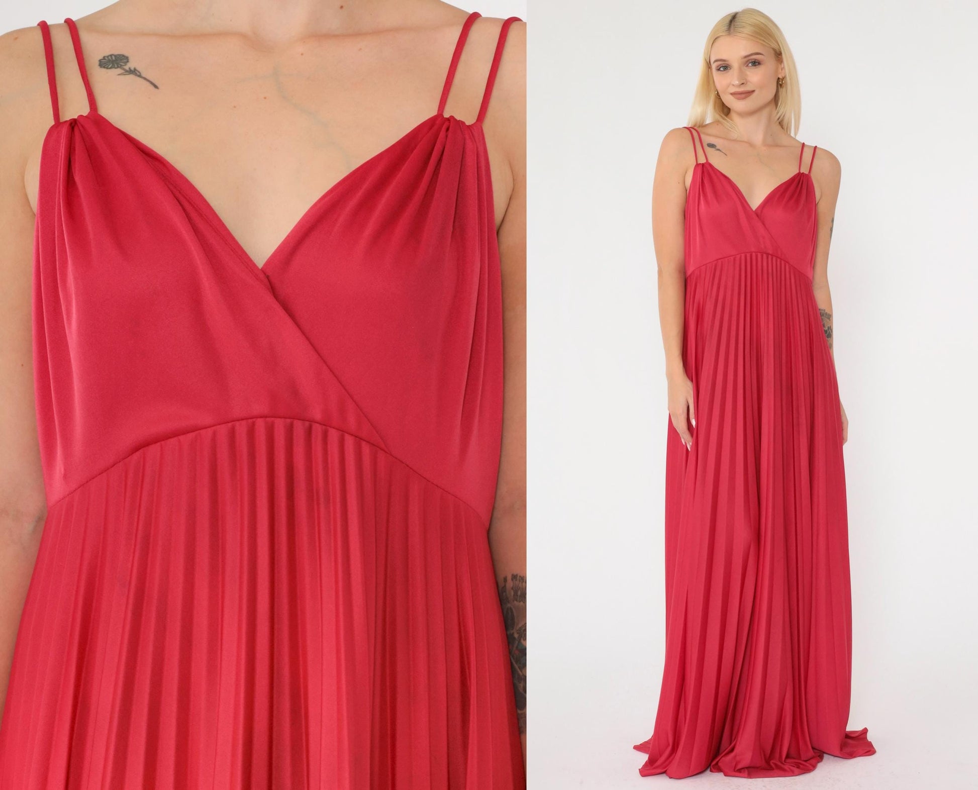 70s Raspberry Red Maxi Dress Deep V Neck Pleated Empire Waist Large