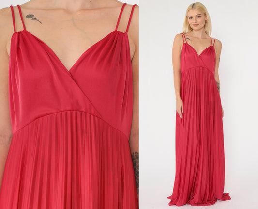 70s Raspberry Red Maxi Dress Deep V Neck Pleated Empire Waist Large