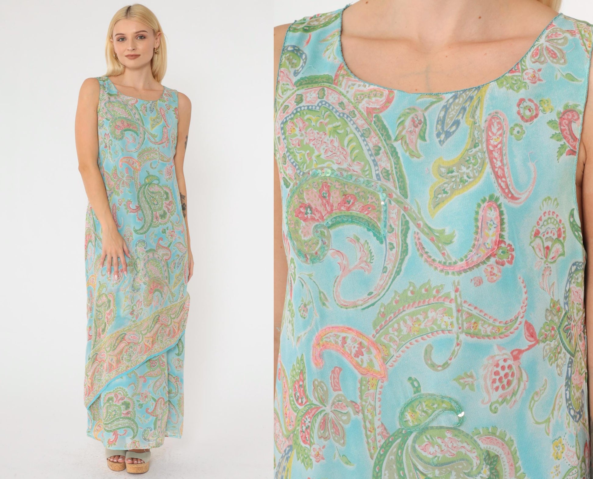 Y2K Paisley Sequin Maxi Dress Blue Sleeveless Draped Medium