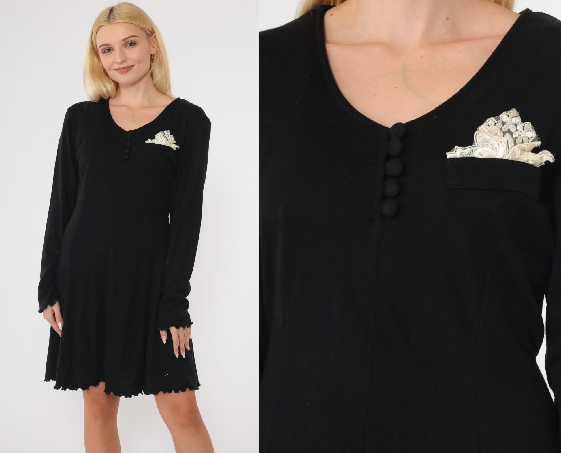 90s Black Shift Dress Lettuce Edge Mini Long Sleeve Lace Pocket Medium