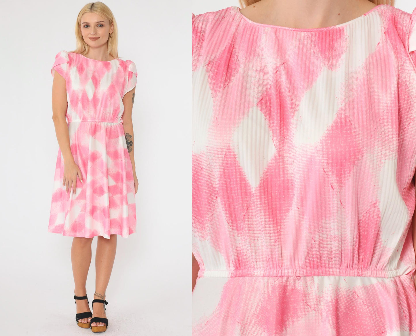 70s Pink Checkered Dress Tulip Sleeve Knee-Length Elastic Waist Small