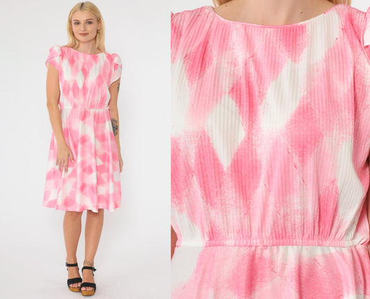 70s Pink Checkered Dress Tulip Sleeve Knee-Length Elastic Waist Small