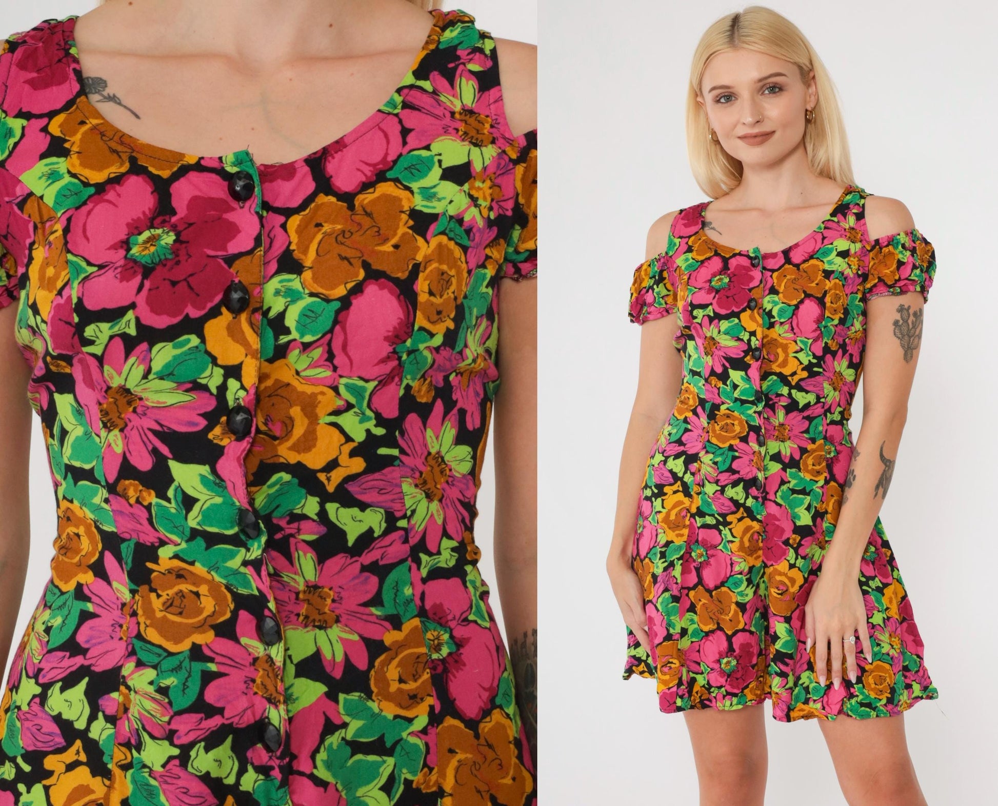 90s Floral Cold Shoulder Romper Wide Leg Playsuit Pink Green Small 5