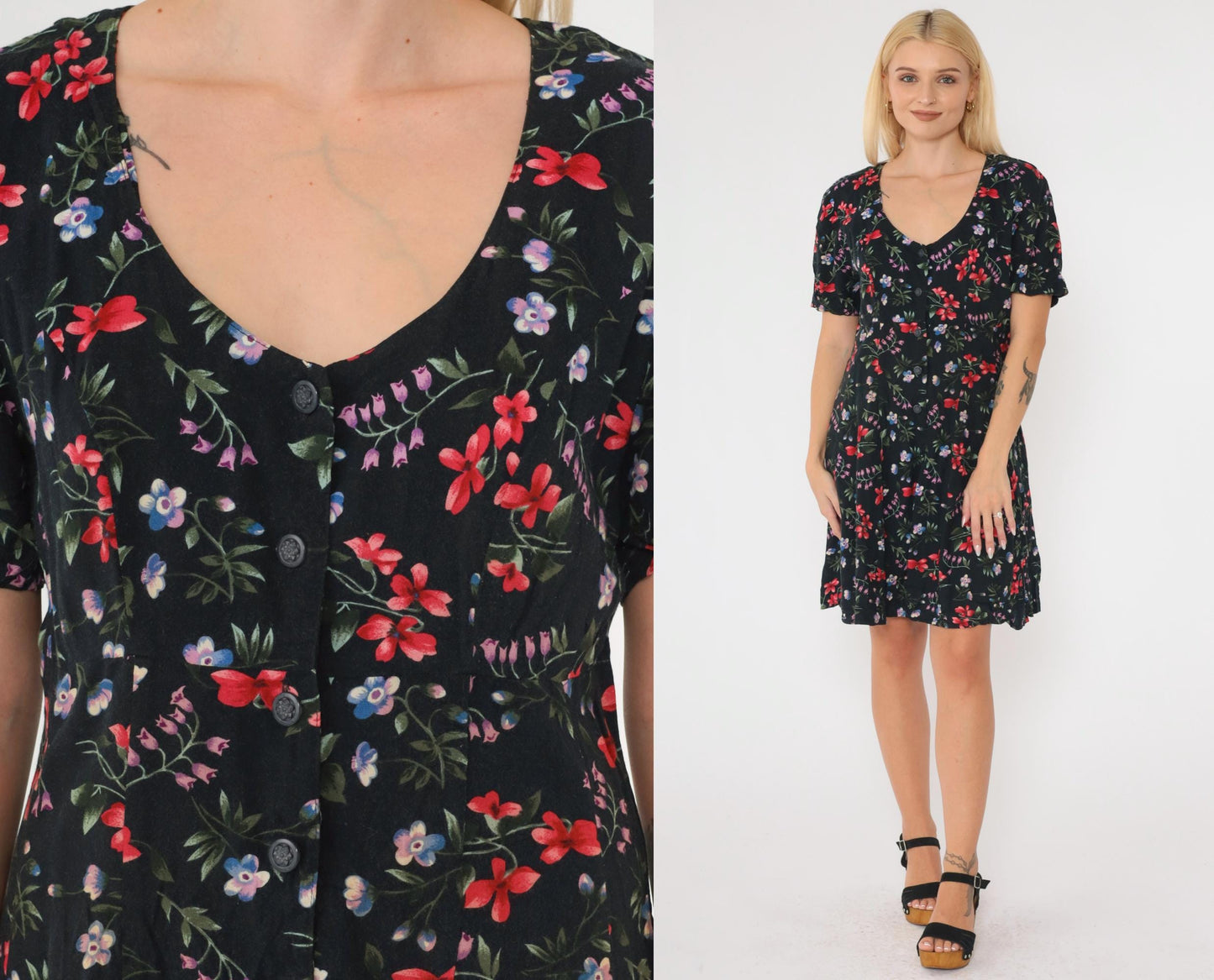 90s Black Floral Rayon Romper Wide Leg Scoop Neck Button Up Medium