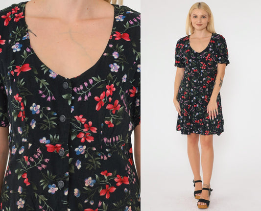 90s Black Floral Rayon Romper Wide Leg Scoop Neck Button Up Medium
