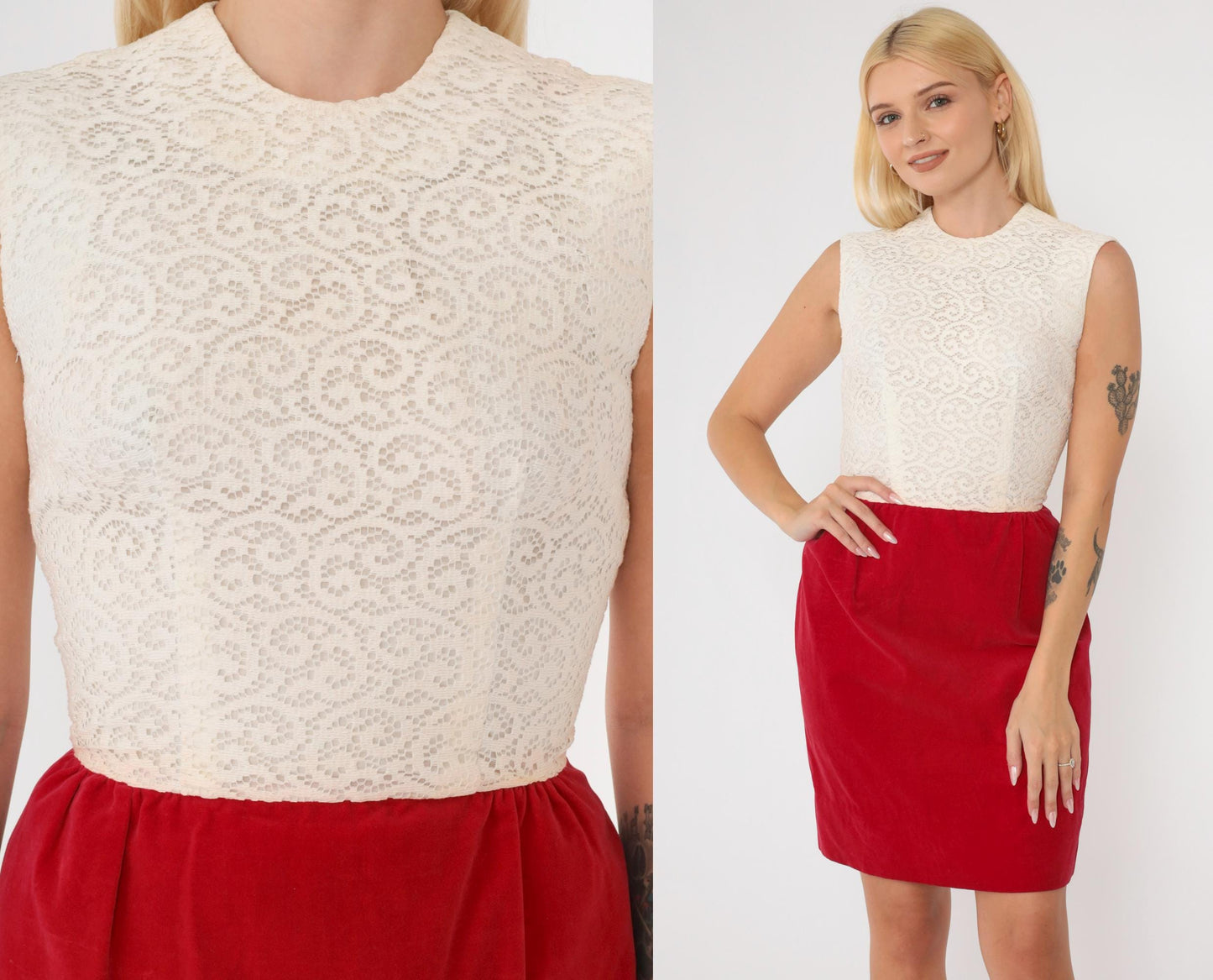 1960s Red Velvet White Lace Mini Dress Sleeveless High Waist Extra Small