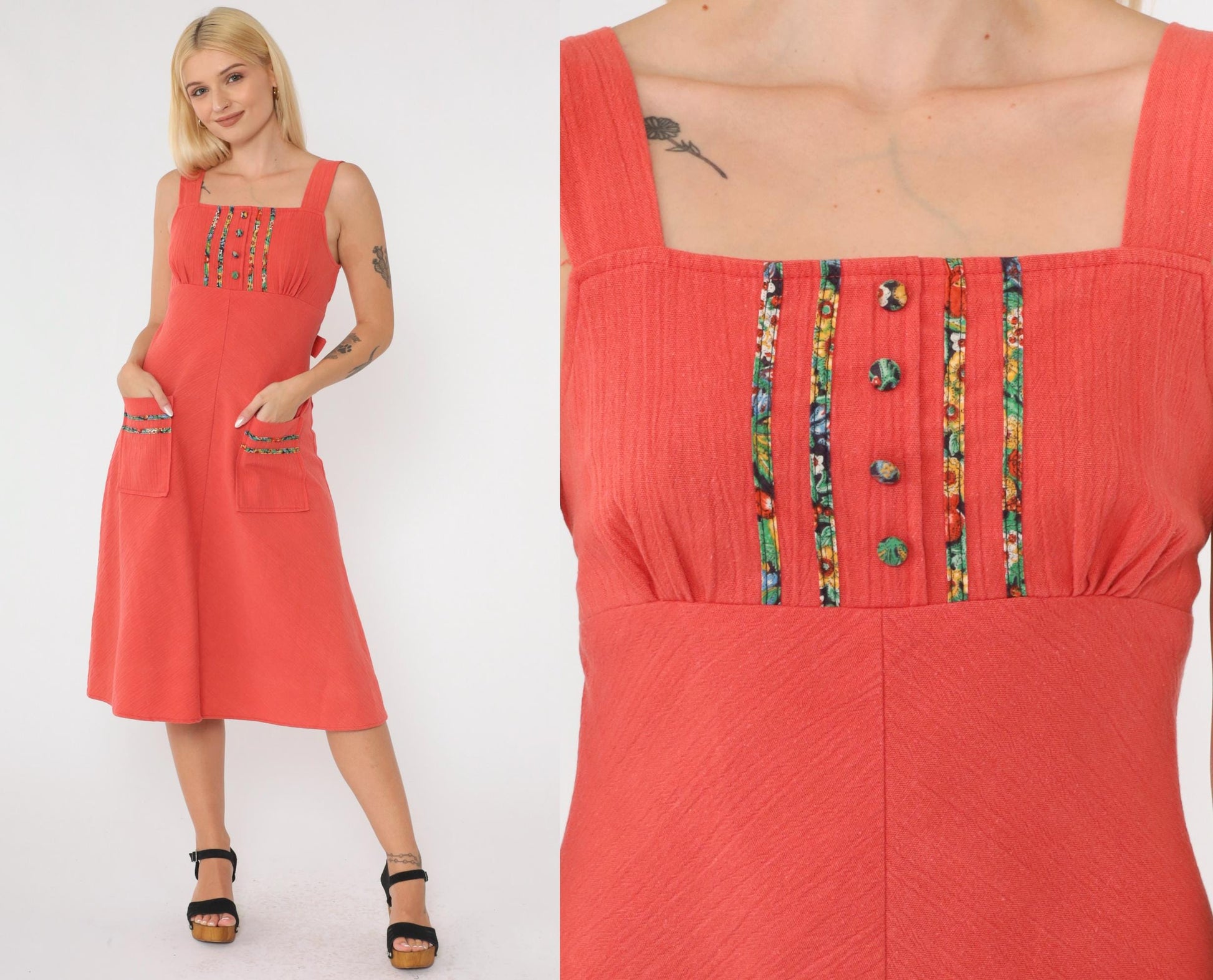 70s Coral Floral Empire Waist Midi Dress Sleeveless Cotton Blend Extra Small